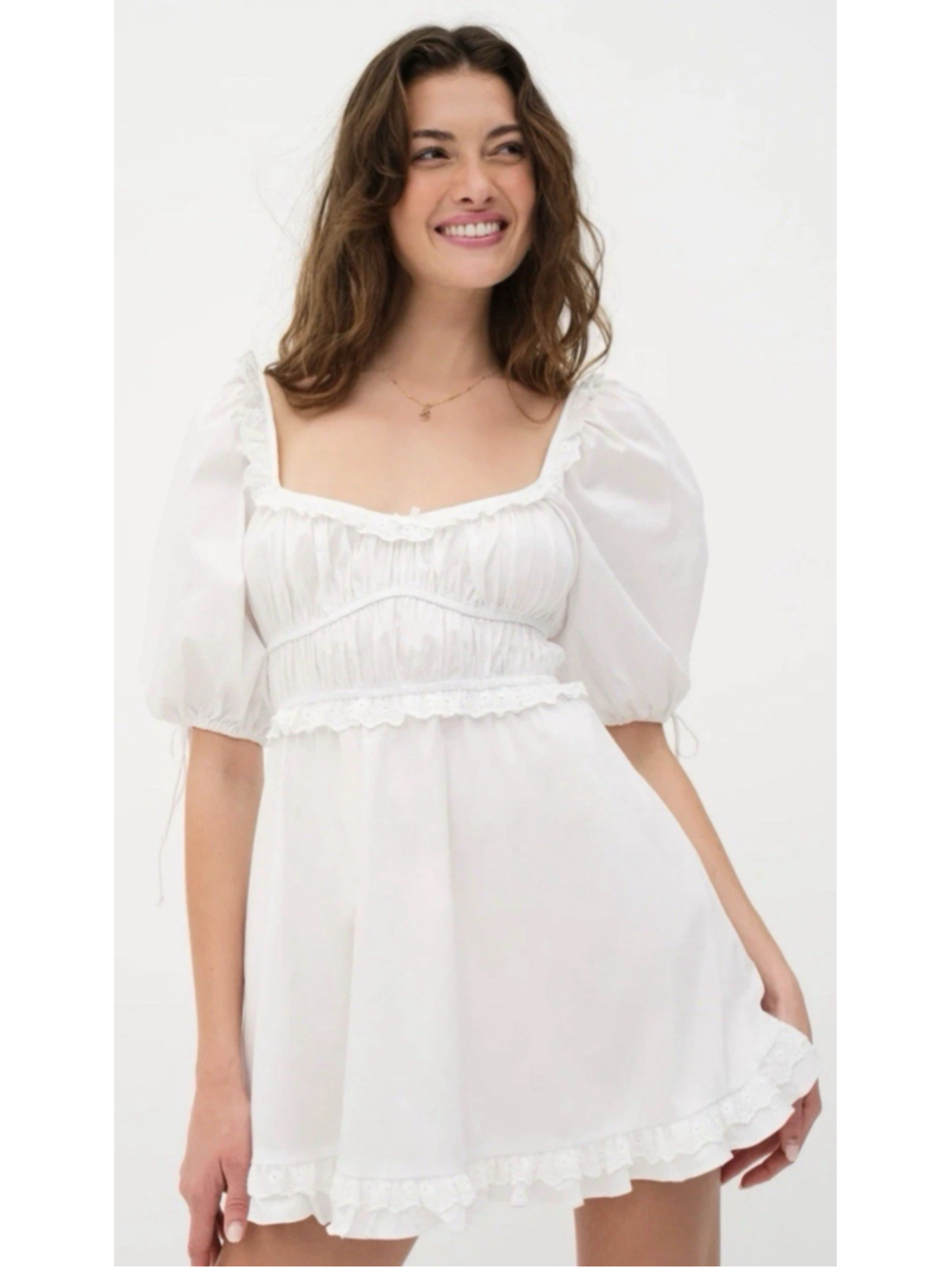 For Love & Lemons Jackson Clean Girl Babydoll Puff Sleeve Eyelet Mini Dress S
